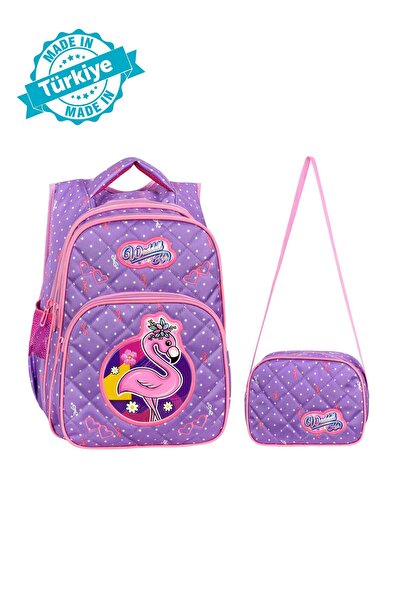 Waddell Lisanslı Lila Flamingo Desenli Emboos İlköğretim Okul Sırt Çantası Ve...