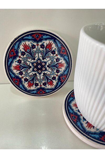 Eren Çini Seramiği 3 Pieces 9 cm Tile Patterned Ceramic Coasters