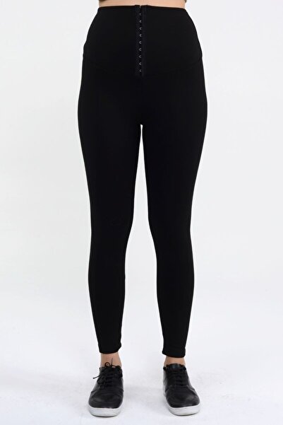 ZEYWEAR Kadın Yüksek Bel Agraflı Çelik Interlok Toparlayı Siyah Tayt Siyah