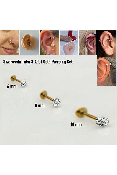 Öte Beri Hayallerin Ötesi 316L Gold Surgical Steel Jewelled - Shambala Labret Piercing Set 6Mm,8Mm,10Mm 3 Pieces Speed Stud Earrings