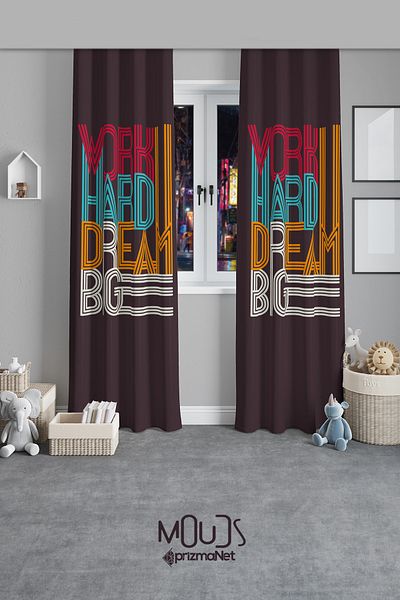 Moud's Big Dream Patterned Background Curtain Youth Room Living Room Suede Printed Extrafor Drawstring 2 Sash PRD-2028
