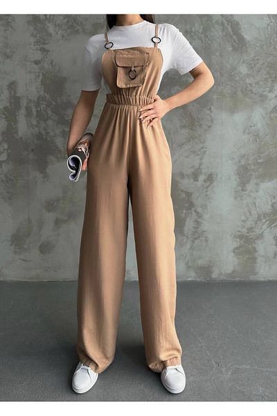 MsLena Butik Γυναικεία φόρμα από ύφασμα Aerobin με λουράκι και λεπτομέρεια δακτυλίου, άνετη εφαρμογή Camel Mi260-12161