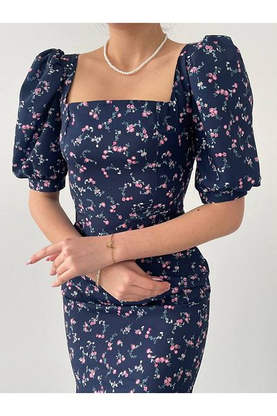 BETULAKSUBUTİK Rochie lungă premium cu mânecă scurtă, cu decolteu pătrat, albastru marin, slim fit, fără căptușeală, cu imprimeu floral