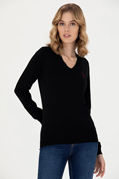 U.S. Polo Assn. Kadın V Yaka Basic Kazak %100 Pamuk