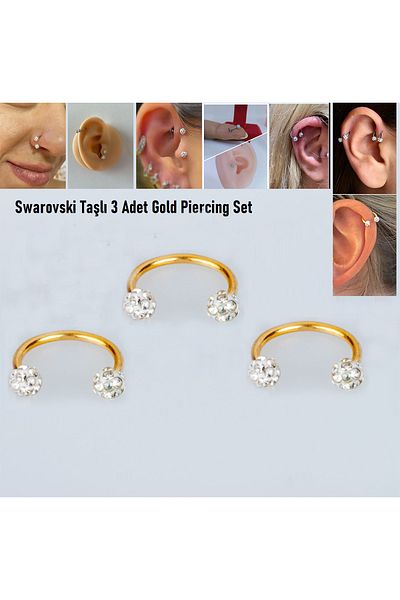 Öte Beri Hayallerin Ötesi 316L Surgical Steel - Anti-Allergic Rhinestone Chamomile Piercing Set 3 Pieces Ring and Speed Earrings