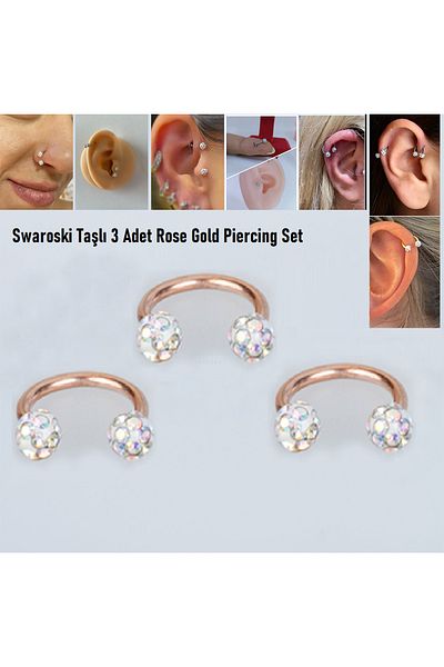 Öte Beri Hayallerin Ötesi 316L Surgical Steel - Anti-Allergic Rhinestone Chamomile Piercing Set 3 Pieces Ring and Speed Earrings
