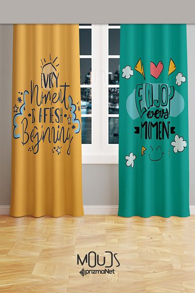 Moud's Enjoy Patterned Background Curtain Youth Room Living Room Suede Printed Extrafor Drawstring 2 Sash PRD-2027