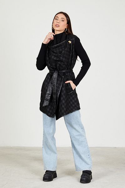 Sporting Women's Black Leather Garnished Woolen Seasonal Poncho Coat with Black Sleeves