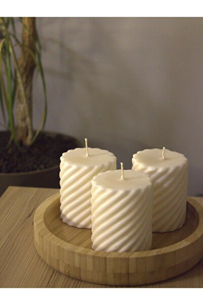Mumy Desing 3 Adet Burgu Silindir Mum Krem Pudra Kokulu Candle Soya Wax Vegan Mum
