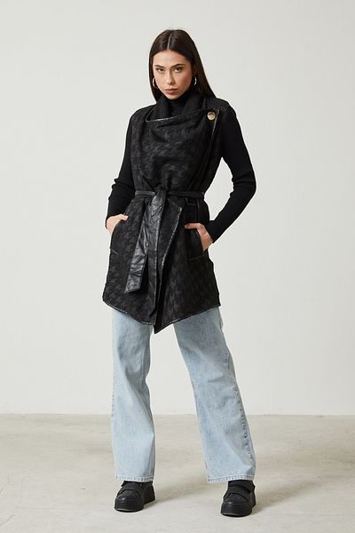 Sporting Women's Black Leather Garnished Woolen Seasonal Poncho Coat with Black Sleeves