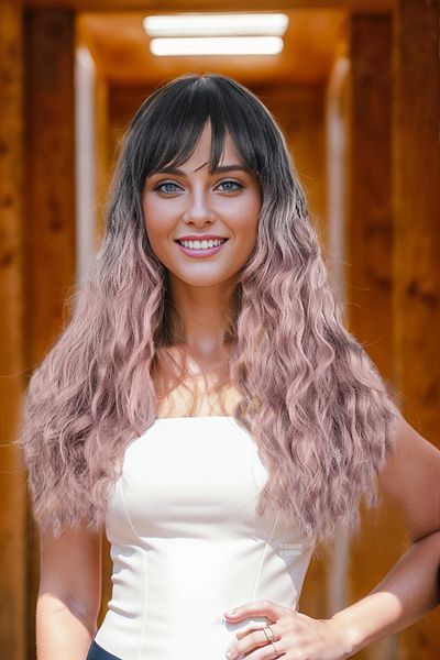 KONAK PERUK Long Water Wave Fiber Synthetic Wig - Black/Dried Rose Ombreli, Perch