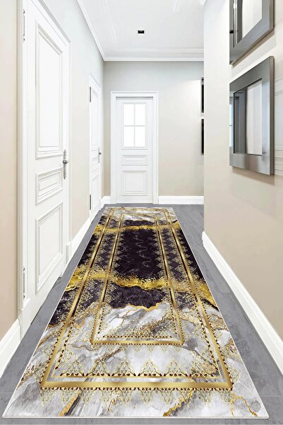 on the clouds Mermer Desenli Gold Şeritli Dijital Baskı Yıkanabilir Kaymaz Ta...