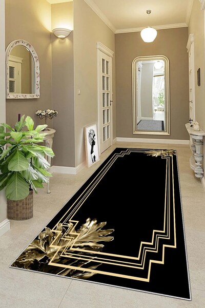 Pelangi Gold Yaprak Desenli Çerçeveli Dijital Baskı Yıkanabilir Düz Salon Hal...