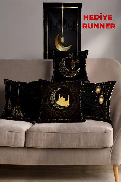 Hayal Dekoratif Ramazan Temalı Siyah Altın Renklerde Runner Masa Örtüsü Ve 4'...