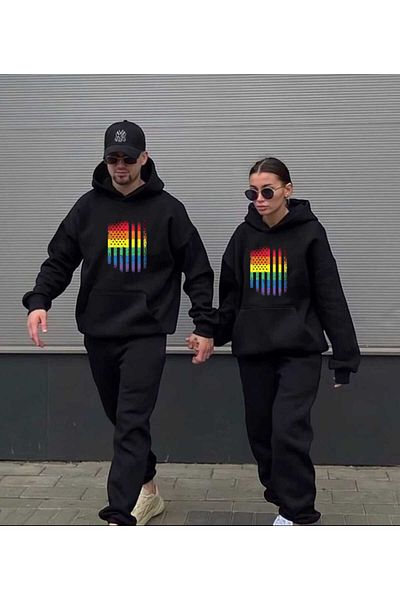 PERISENSE Σετ αθλητικής φόρμας Unisex Special Design με στάμπα με κουκούλα - Συνδυασμός Lover Couple, Σετ 2 τεμαχίων στο κάτω μέρος