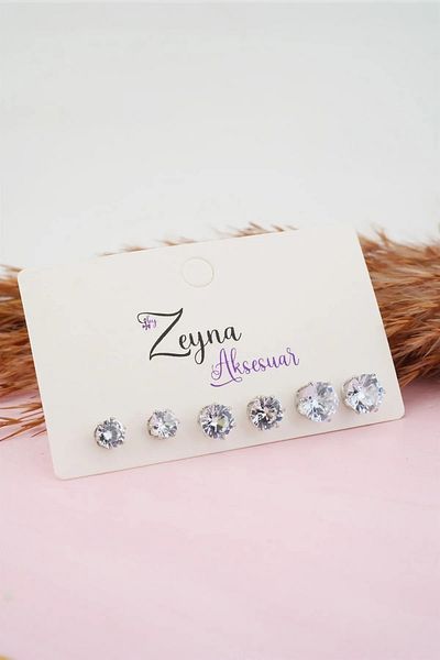 By Zeyna Aksesuar Women's Baguette Oval Zircon Stone 3 Size Earring Set