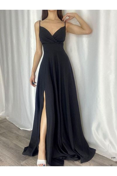 mafdress Black Crepe Fabric Slit Detailed Evening Dress