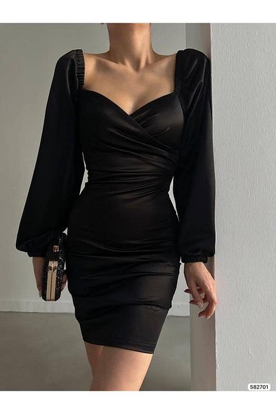 mafdress γλυκιά λαιμόκοψη μαύρο μακρυμάνικο σατέν μίνι βραδινό φόρεμα