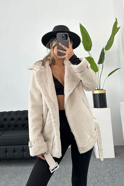 ALFUDO Moda Collection Palton Zr din piele întoarsă pentru damă sezon nou cu detaliu curea