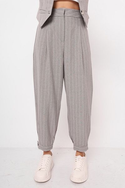 votre bonn couture Premium Fabric Striped Gray Button Detail Trousers
