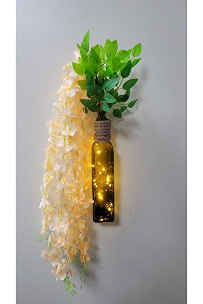 La bella bazar Led Işıklı Mantar Tıpalı Cam Şişe, Yapay Çiçek Askılı Masa Ve Gece Lambası Ev Dekoru