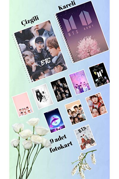 animeandyourworld Bts Defter 2 Adet Çizgili Ve Kareli 9 Adet Fotokart Seti