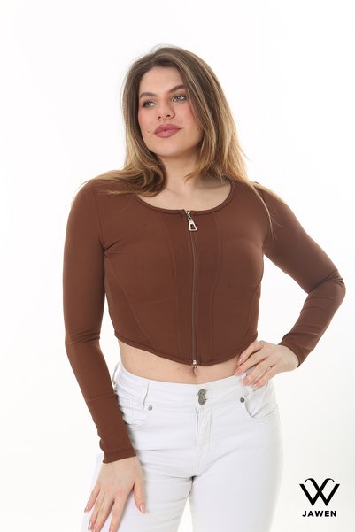 JAWEN Women's New Season Long Sleeve Zippered Crop Blouse Ribbed Round Neck Crop