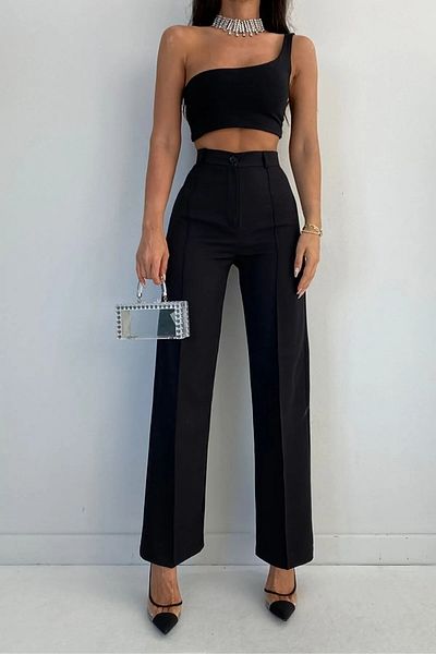 CurcunaShop Yualay Striped Women's High Waist Lycra Wide Leg Fabric Trousers, Special Design Palazzo Model