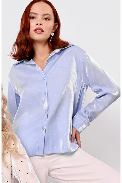 CYU Mavi Beyaz Puantiyeli Saten Gömlek