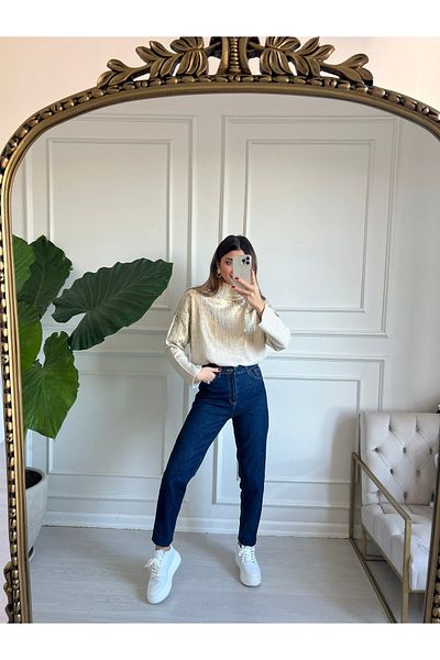 Livik Blugi Mom Lycra cu talie înaltă albastru închis