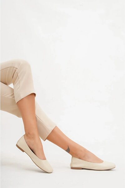 Deripabuc Genuine Leather Beige Women's Leather Ballerinas Dp58-4096