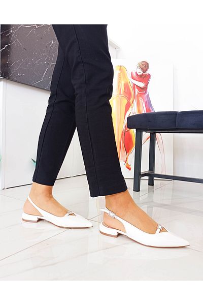 GDT Ayakkabı White Color Patent Leather Ankle Strap Stoned Women's Ballerina Shoes