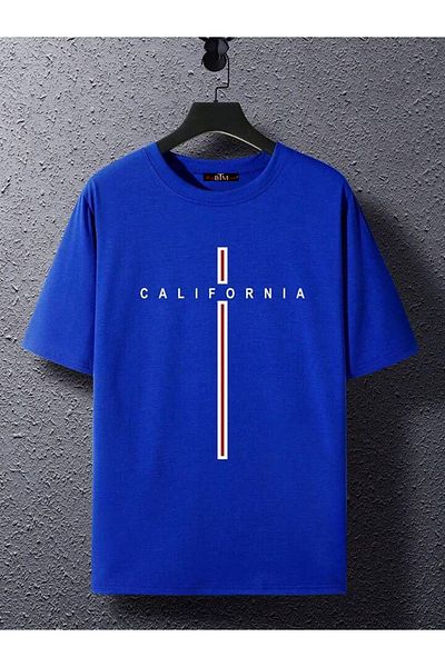 Buğraterzimoda Καλιφόρνια Printed Crew Neck Saks Blue Oversize T-shirt
