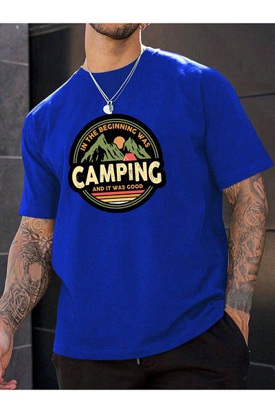 Buğraterzimoda Camping Printed Crew Neck Saks Blue Oversize T-Shirt