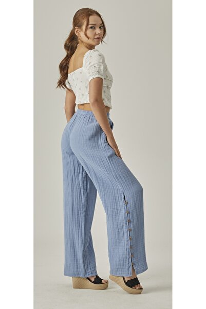 MUTİR Παντελόνι Μουσελίνα Ψηλόμεσο Μπλάκετ Μπιτς B Φαρδιά μπατζάκια