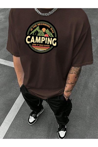 Buğraterzimoda Κάμπινγκ εμπριμέ Crew Neck Καφέ Oversize T-Shirt