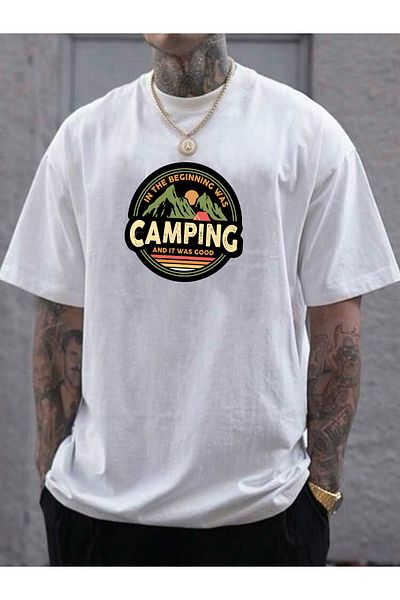 Buğraterzimoda Camping Printed Crew Neck White Oversize T-Shirt