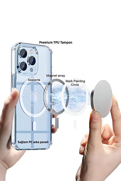 mooodcase iPhone 15 Uyumlu Magsafe Wireless Kablosuz Şarj Destekli Darbe Emici Şeffaf Kılıf