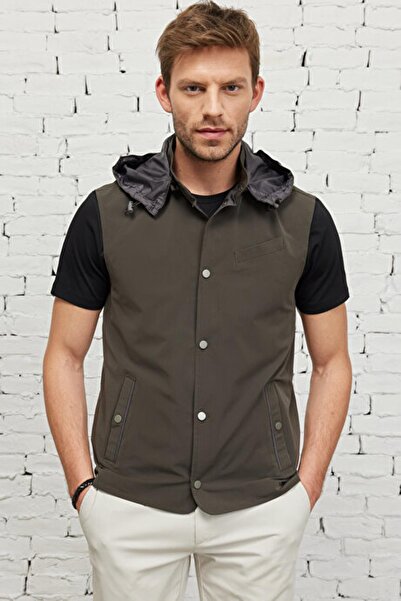 ALTINYILDIZ CLASSICS Altınyıldız 4a0923200003 Khaki Men's Hooded Vest with Snap Fasteners on the Front and Side Pockets