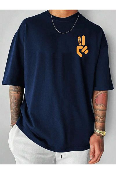 Buğraterzimoda Peace Printed Crew Neck Navy Blue Oversize T-Shirt