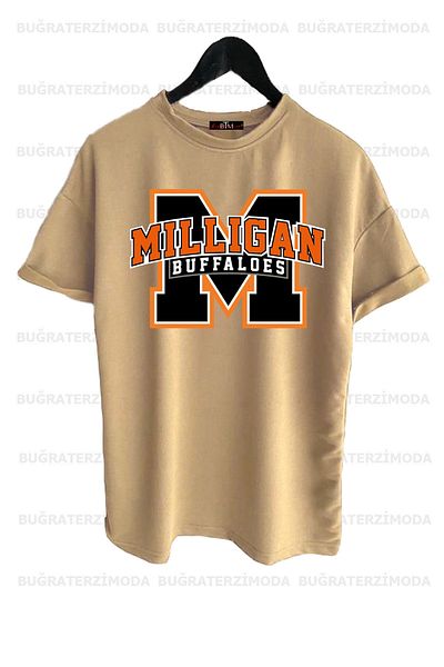 Buğraterzimoda Buffaloes Printed Crew Neck Beige Color Oversize T-Shirt