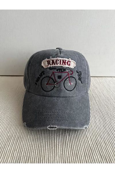 CosmoOutlet Racing Bicycle Embroidered Washed Vintage Model Adjustable Back Unisex Gray Hat
