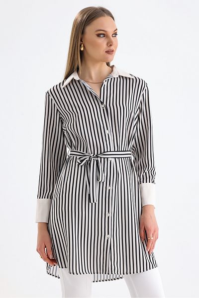 MD trend Rochie cămașă lungă în dungi, cu centură, pentru femei