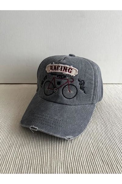 CosmoOutlet Racing Bicycle Embroidered Washed Vintage Model Adjustable Back Unisex Gray Hat