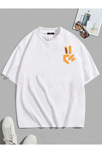 Buğraterzimoda Peace Printed Crew Neck White Oversize T-Shirt