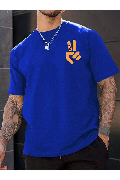 Buğraterzimoda Peace Printed Crew Neck Saks Blue Oversize T-Shirt