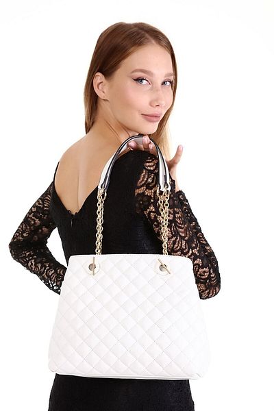 womenacs Geantă de damă cu curea cu lanț cu design matlasat de culoare albă