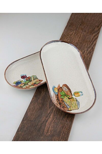Bursa Porselen Dekor Retro wine & cheese 2 pieces porcelain boat plate