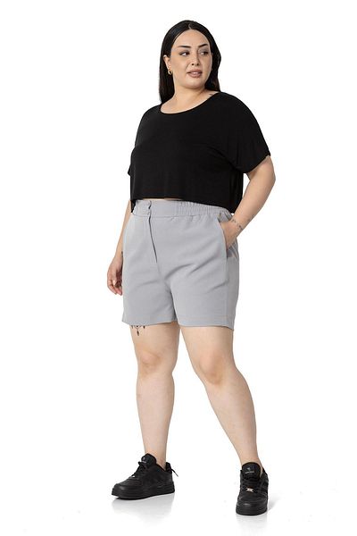 DISENTIS MODEST Large Size Gray Shorts with Elastic Waist and Back Pockets