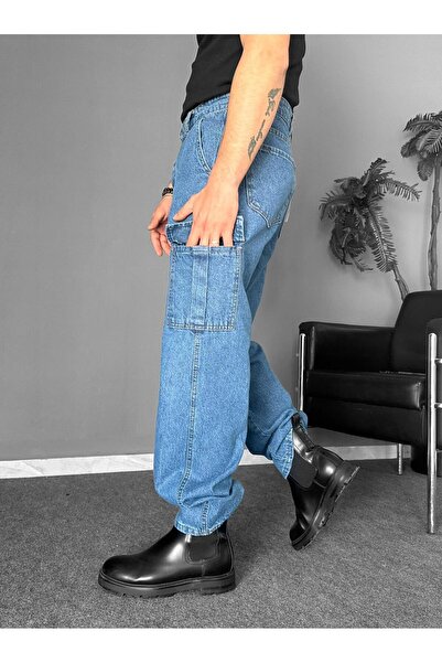THEMANN Baggy Kargo Cep Detaylı Mavi BOL Pantolon